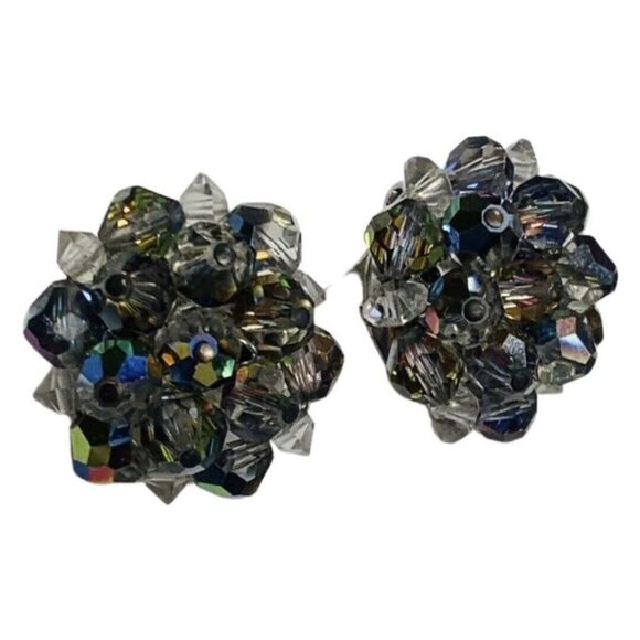Womens Sparkly Aurora Borealis Crystal Flower Vintage Button Clip On Earrings - Picture 6 of 9